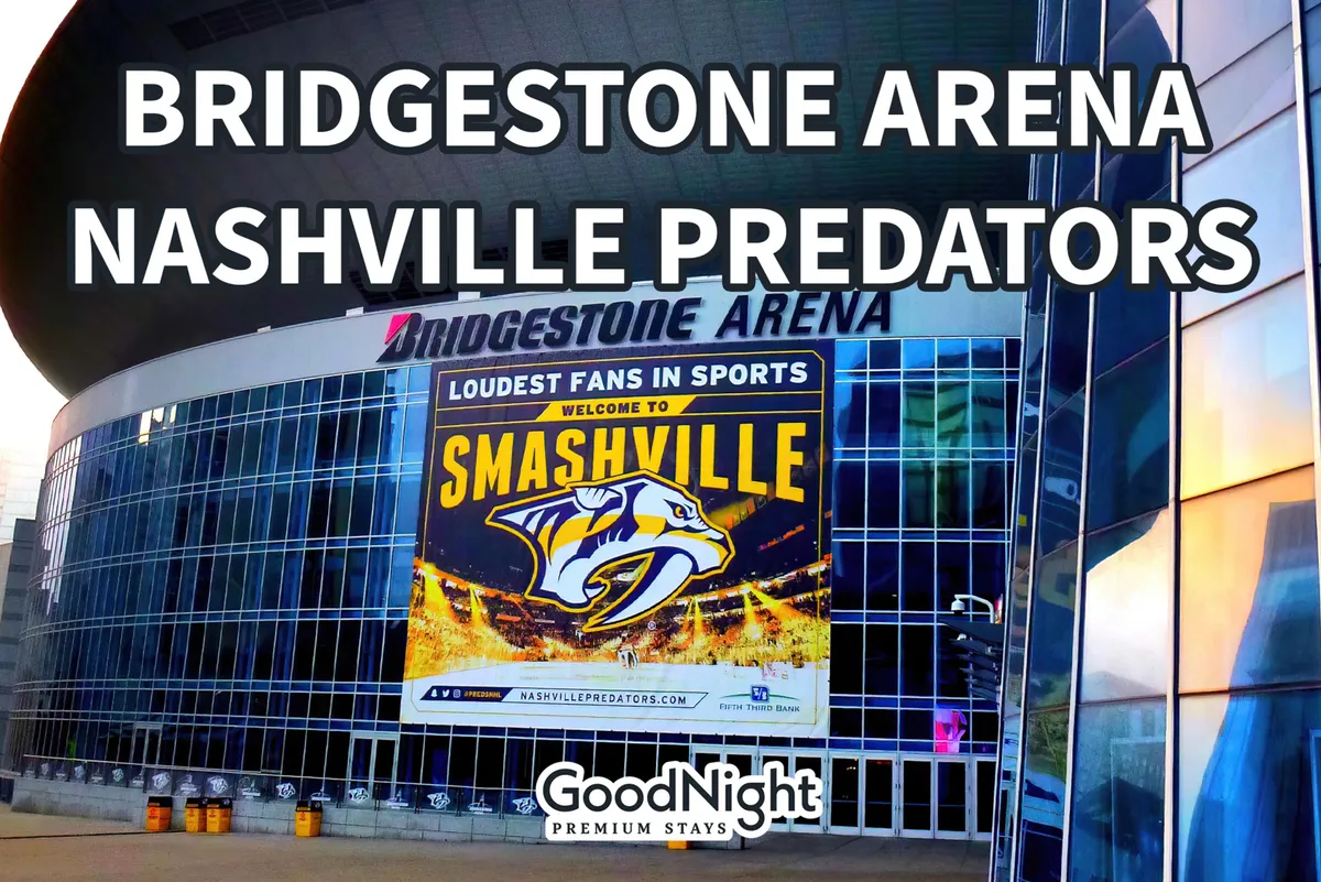 The exterior of Bridgestone Arena, featuring bold signage, the Nashville Predators logo, and a 'Welcome to Smashville' banner. The area is alive with the excitement of fans gathering for events, concerts, or games.